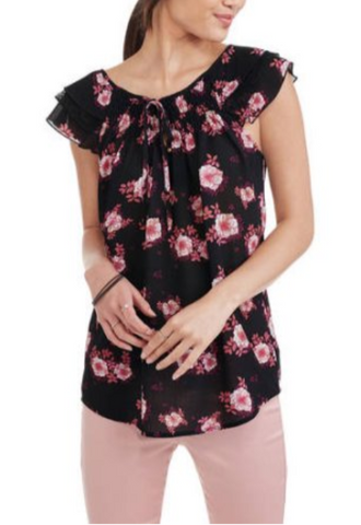 Juniors' Printed Ruffle Smocked Peasant Blouse With Lace Sleeves