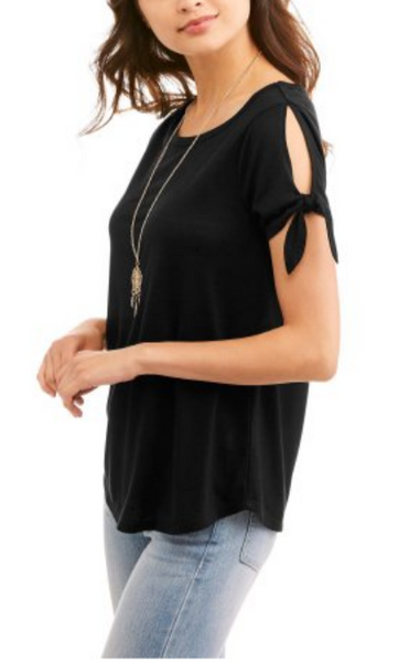 Juniors' Side Tie Sleeve T-Shirt With Necklace